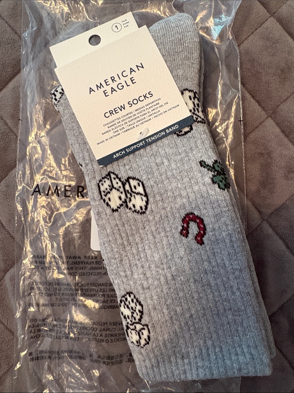 American Eagle Outfitters Gray Crew Socks with Patterned Accents